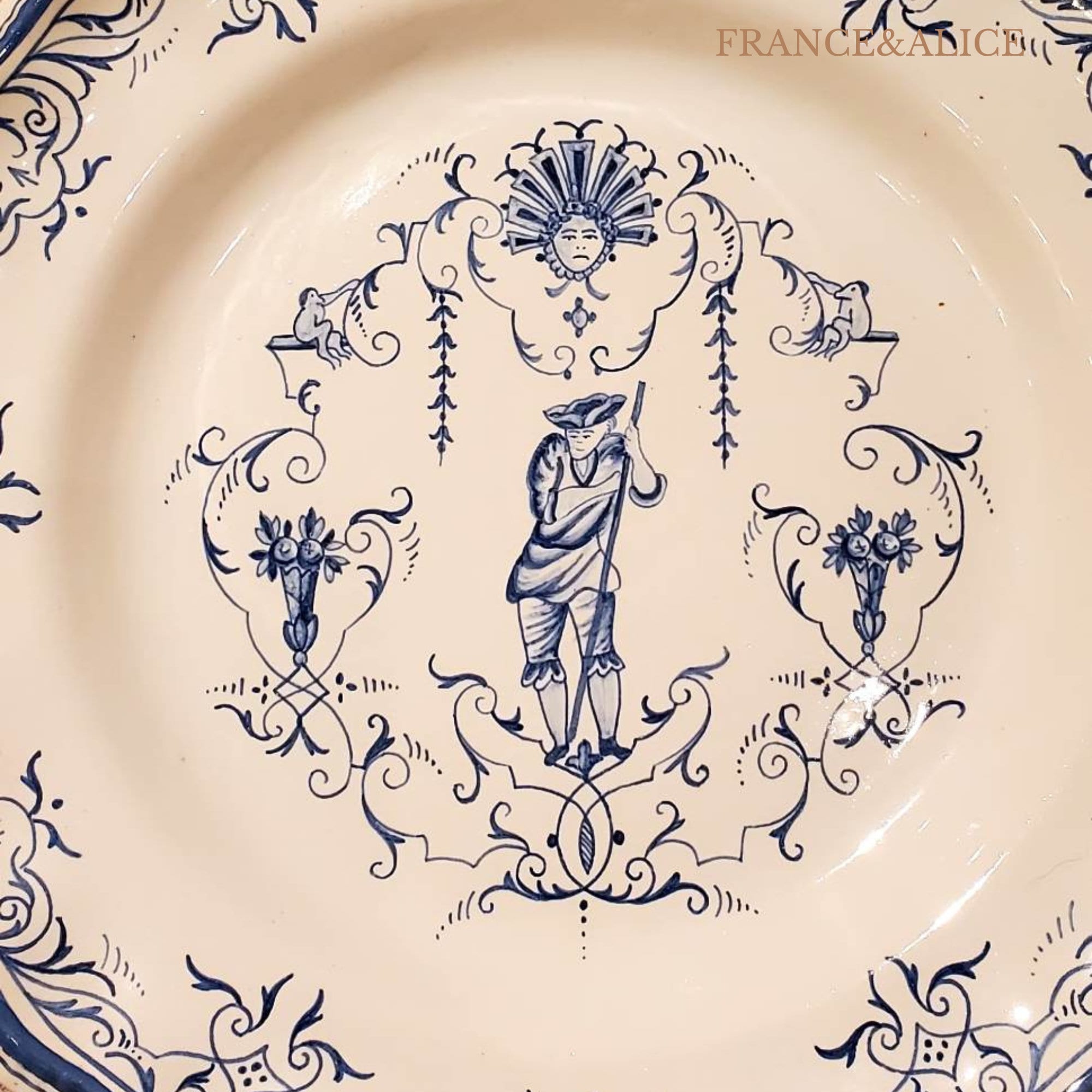 Moustiers プレート Moustiers Faience Plate, Blue Grotesque Decor, Signed F.d, Late