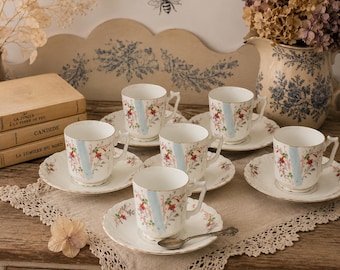 6 cup Limoges porcelain coffee set — burgundy fuchsia blue pastel — vintage shabby chic France