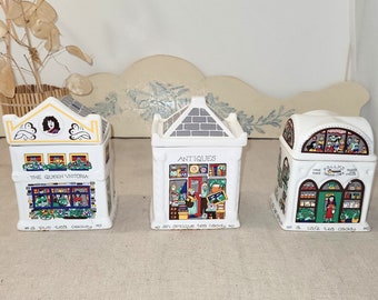 Wade England "English Life" tea caddy set of 3 — pub, antiques, café, village houses