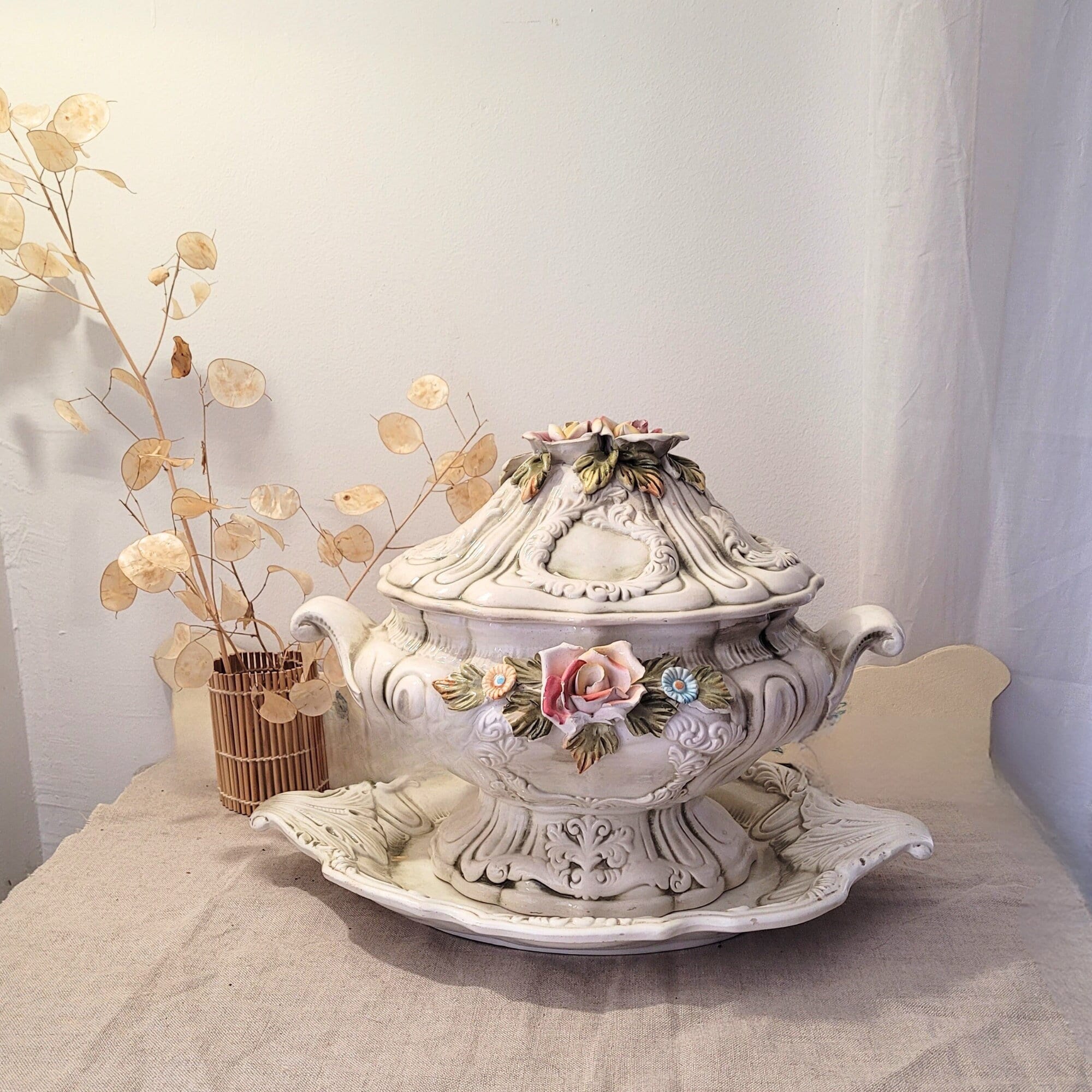 Italian Vintage Soup Tureen, Capodimonte Style, Bassano, With Tray