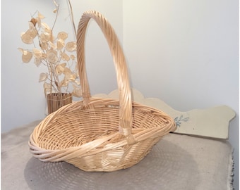 Grand Panier Ancien Plat En Bois – Cueillette De Fleurs Et Fruits – French Basket