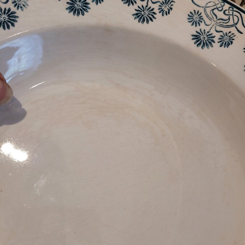 Może przedstawiać: Biała ceramiczna miska z niebiesko-białym wzorem kwiatowym wok&oacute;ł krawędzi. Miska ma lekką brązową plamę w środku.