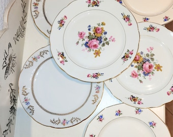 6 mismatched dinner plates "Charlotte" — Digoin Sarreguemines, Limoges, floral french