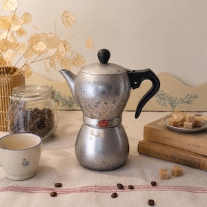 Vintage Italian moka pot aluminum round stovetop coffee maker, 1960s, bistrot kitchen decor