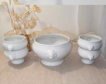 Large Bavaria Footed Tureen with 4 Lion Head Bowls - French Vintage Set - Perfect for a Charming Bistro Ambiance