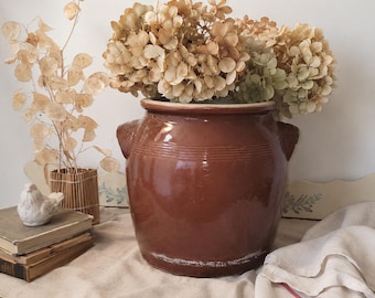 Antique French confit pot brown stoneware — handled crock, planter or utensil holder