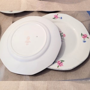 May include: Two white ceramic dinner plates with a floral design. The top plate has a pink and blue floral pattern. The bottom plate has a pink floral pattern and the words "21626" and "29" printed on the bottom.