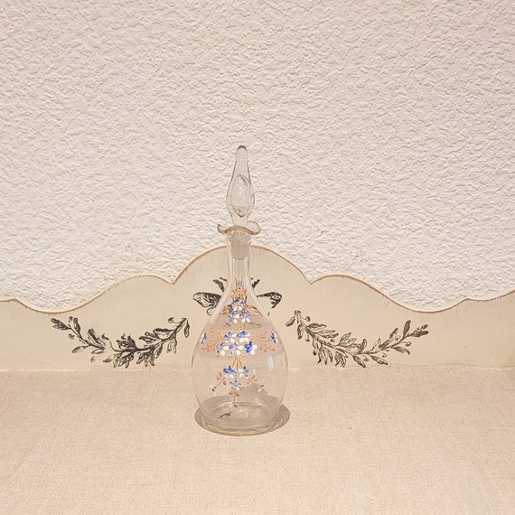 Petite carafe verre émaillé peinte à la main, myosotis bleus et blancs, bouchon d'origine
