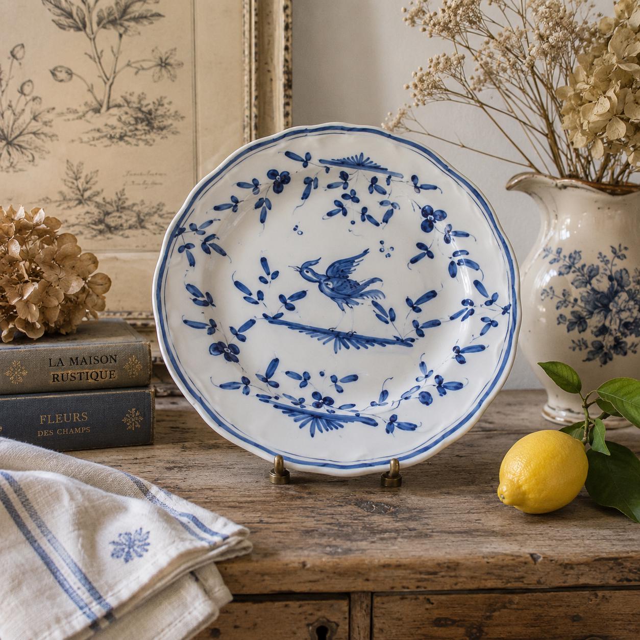 Martres-tolosane Faience Plate — Hand-painted Blue Moustiers Bird