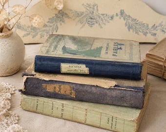 Könnte beinhalten: Ein Stapel aus drei antiken Büchern mit abgenutzten Einbänden. Das oberste Buch ist cremefarben mit grünen Illustrationen und dem Text LA FONTAINE FABLES. Das mittlere Buch ist dunkelblau mit einem zerfetzten Rückenschild. Das untere Buch ist hellgrün.