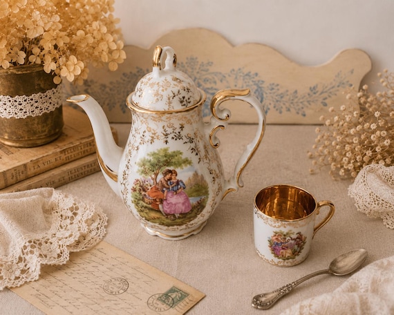 Kaffeekanne und Tasse aus echtem Porzellan – Fragonard-Dekor, Goldverzierung, sehr guter Zustand