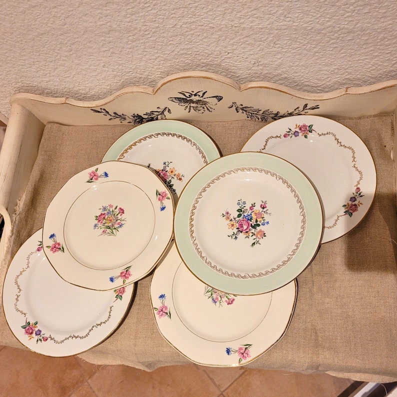 Vintage “MARIE CHANTAL” mismatched service. 6 Old porcelain soup plates. 6 Plates with fine floral decoration