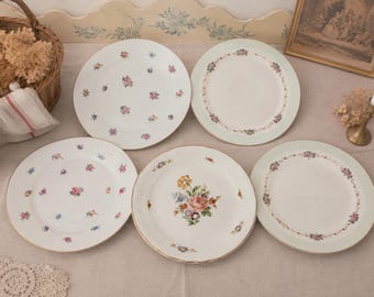May include: A collection of vintage porcelain plates. Some plates feature scattered floral patterns, while others have a floral border or a central bouquet. The plates are white with gold rims and pastel accents, creating a delicate, antique aesthetic.