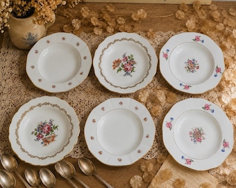 Mismatched soup plates "Victorine" x6 — French floral porcelain, shabby chic vintage France