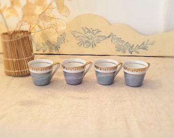 4 vintage coffee cups in German porcelain. Old chamaré blue and gold coffee service stamped BAVARIA in shabby chic style
