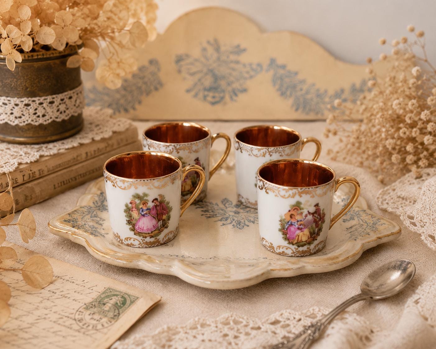 4 antike Porzellan-Kaffeetassen, Miniaturtassen mit romantischer Verzierung und vergoldetem Innenraum, Vintage-Geschirr