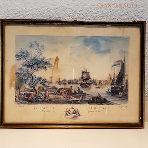 Engraving &quot;Port of La Rochelle&quot; signed Nicolas Ozanne. Engraving by Le Gouaz of a marine  The port of La Rochelle seen from the small bank
