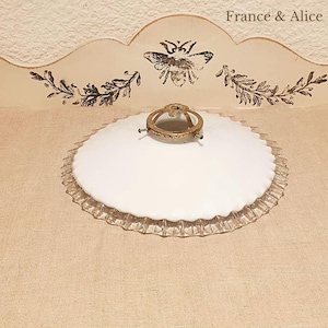 Vintage lampshade for suspension in white opaline. Old lampshade with a pleated turn in transparent glass. signed lampshade
