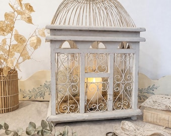 Cage à oiseaux ancienne, bois et métal, style romantique, shabby chic, décoration vintage française