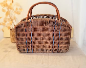 Hand-woven rectangular basket. Rustic basket. Country decoration basket. French market basket