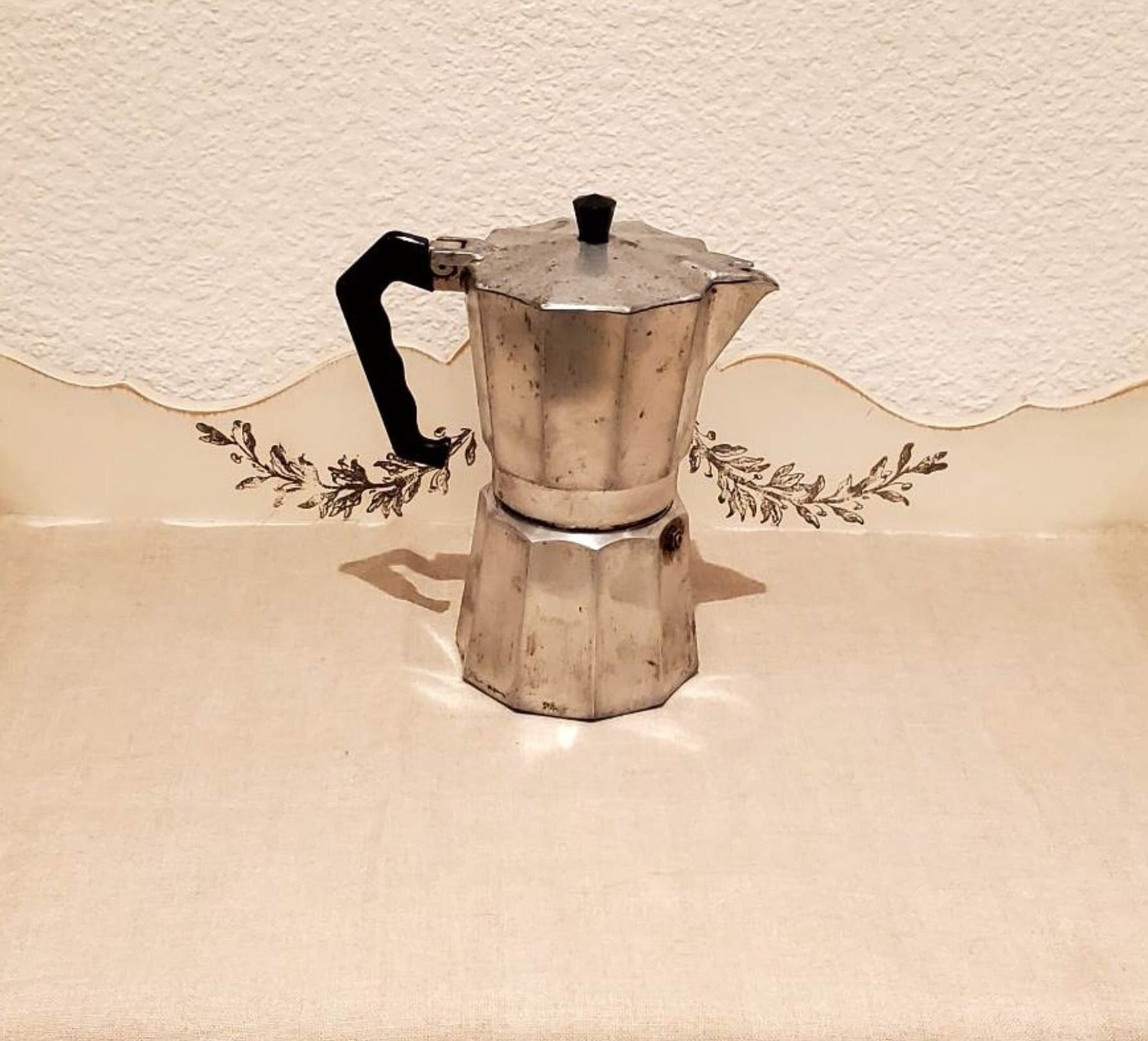 Vintage Bialetti Stovetop Espresso Coffee Pot and Five Black Porcelain Cups  with Metal Holders