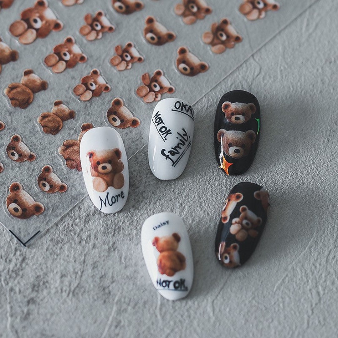 5D Shy Teddy Bear Nail Stickers Cute Teddy Bear Head Nail Decals Brown