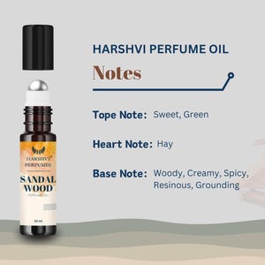 Puede incluir: Un frasco de vidrio marr&oacute;n de aceite de perfume de s&aacute;ndalo con una tapa dorada y una etiqueta. La etiqueta dice "HARSHVI PERFUMES SANDAL WOOD PERFUMETOL". El frasco est&aacute; sobre una superficie marr&oacute;n claro. La imagen tambi&eacute;n incluye texto que describe las notas del perfume: "Tope Note: Sweet, Green", "Heart Note: Hay", y "Base Note: Woody, Creamy, Spicy, Resinous, Grounding".