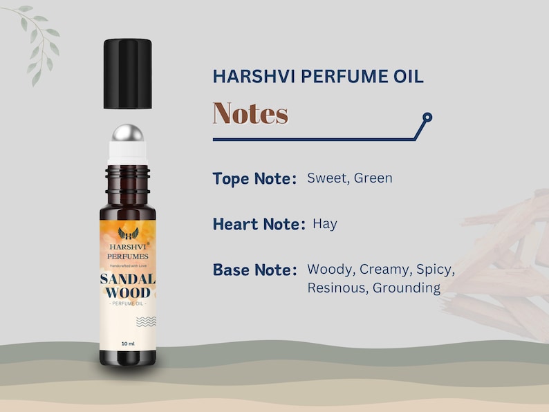 Puede incluir: Un frasco de vidrio marr&oacute;n de aceite de perfume de s&aacute;ndalo con una tapa dorada y una etiqueta. La etiqueta dice "HARSHVI PERFUMES SANDAL WOOD PERFUMETOL". El frasco est&aacute; sobre una superficie marr&oacute;n claro. La imagen tambi&eacute;n incluye texto que describe las notas del perfume: "Tope Note: Sweet, Green", "Heart Note: Hay", y "Base Note: Woody, Creamy, Spicy, Resinous, Grounding".