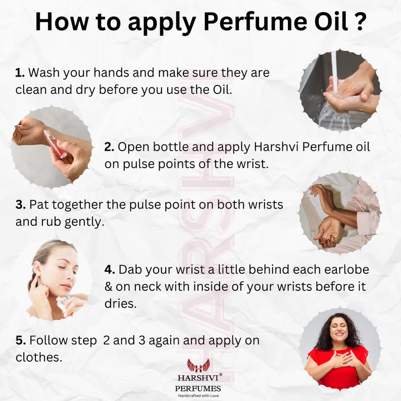 Puede incluir: Una gu&iacute;a paso a paso sobre c&oacute;mo aplicar aceite de perfume. La gu&iacute;a incluye cinco pasos con ilustraciones de cada paso. El texto incluye la frase "Harshvi Perfumes" y el lema "Handicrafted with Love".
