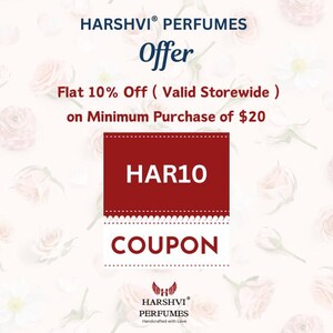 May include: A red coupon with white text that says "HAR10 COUPON" and "Flat 10% Off (Valid Storewide) on Minimum Purchase of $20". The coupon is surrounded by a white background with pink roses.