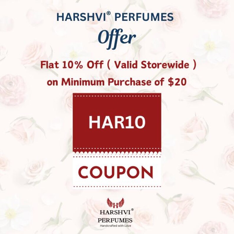 Puede incluir: Un cup&oacute;n rojo con texto blanco que dice "HAR10 COUPON" y "Descuento del 10% (V&aacute;lido en toda la tienda) en compras m&iacute;nimas de 20 &euro;". El cup&oacute;n est&aacute; rodeado de un fondo blanco con rosas rosas.