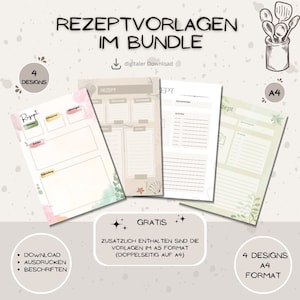 Rezeptvorlagen in 4 verschiedenen Designs / Vorlagen zum sofortigen Download / Geschenk/ Hochzeit/ A4 (plus A5 Gratis)