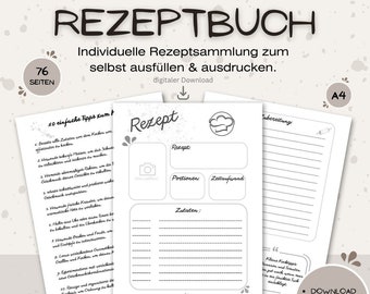 Rezeptbuch zum ausfüllen / Kochbuch zum selberschreiben / Rezeptvorlagen / digitale Vorlagen zum download / A4 Format