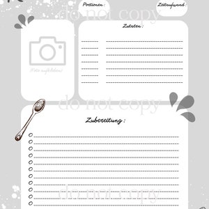 May include: A printable recipe template with a gray background and white lines. The template includes sections for the recipe name, ingredients, preparation instructions, serving size, and time required. The template also includes a space for a photo of the finished dish.