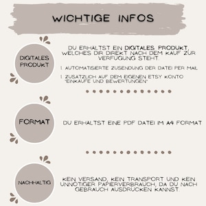 May include: A digital product information graphic with the text "WICHTIGE INFOS" in black on a light brown background. The graphic includes three circles with the text "DIGITALES PRODUKT", "FORMAT", and "NACHHALTIG" in black. The text below the circles describes the product as a digital product, a PDF file in A4 format, and a sustainable product.