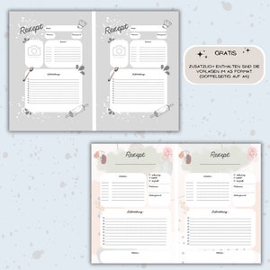 May include: Two printable recipe templates with a gray and white background. The templates feature a camera, spoon, rolling pin, and watercolor-style designs. The text "Rezept" is printed on each template. The text "GRATIS" is printed on the right side of the image. The text "ZUSATZLICH ENTHALTEN SIND DIE VORLAGEN IM AS FORMAT (DOPPELSEITIG AUF A4)" is printed below the text "GRATIS".