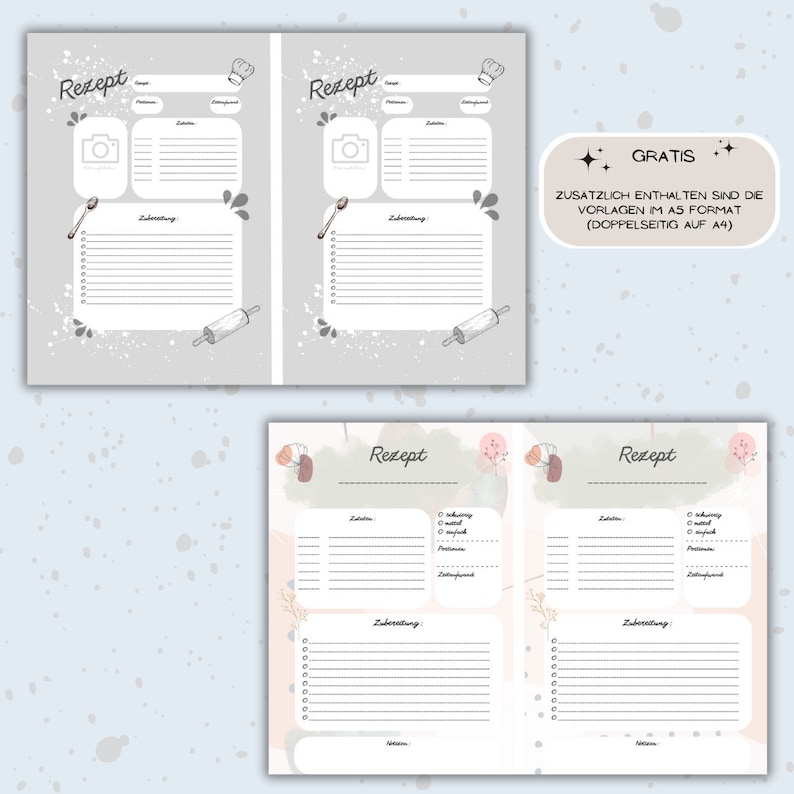 May include: Two printable recipe templates with a gray and white background. The templates feature a camera, spoon, rolling pin, and watercolor-style designs. The text "Rezept" is printed on each template. The text "GRATIS" is printed on the right side of the image. The text "ZUSATZLICH ENTHALTEN SIND DIE VORLAGEN IM AS FORMAT (DOPPELSEITIG AUF A4)" is printed below the text "GRATIS".