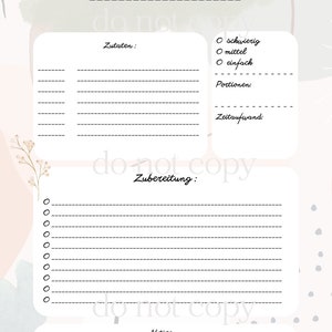 May include: A printable recipe template with a watercolor background. The template includes sections for ingredients, preparation instructions, notes, and information about the difficulty level, number of servings, and preparation time.