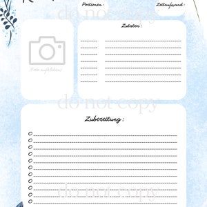 May include: A printable recipe template with a blue watercolor background and floral accents. The template includes sections for the recipe name, ingredients, preparation time, and instructions.
