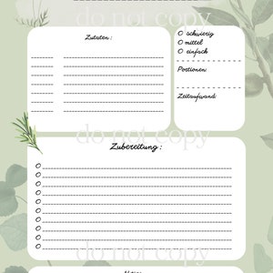 May include: A printable recipe template with a green background and floral illustrations. The template includes sections for ingredients, preparation instructions, notes, and information about the difficulty level, number of servings, and preparation time.