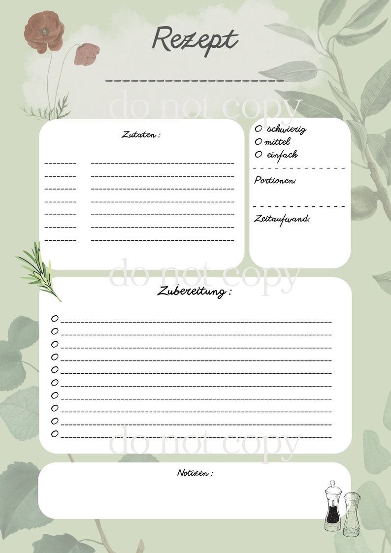 May include: A printable recipe template with a green background and floral illustrations. The template includes sections for ingredients, preparation instructions, notes, and information about the difficulty level, number of servings, and preparation time.