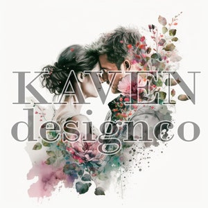 Couple Kissing Art | Flowers, Romantic | For Prints, Stickers, Book Cover Design | OK for Commercial Use