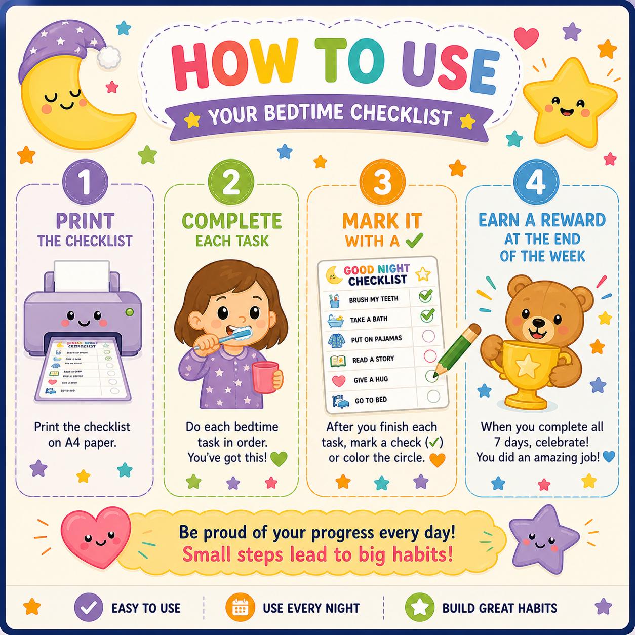 Bedtime Checklist for Kids Printable | Weekly Routine Chart | No ...