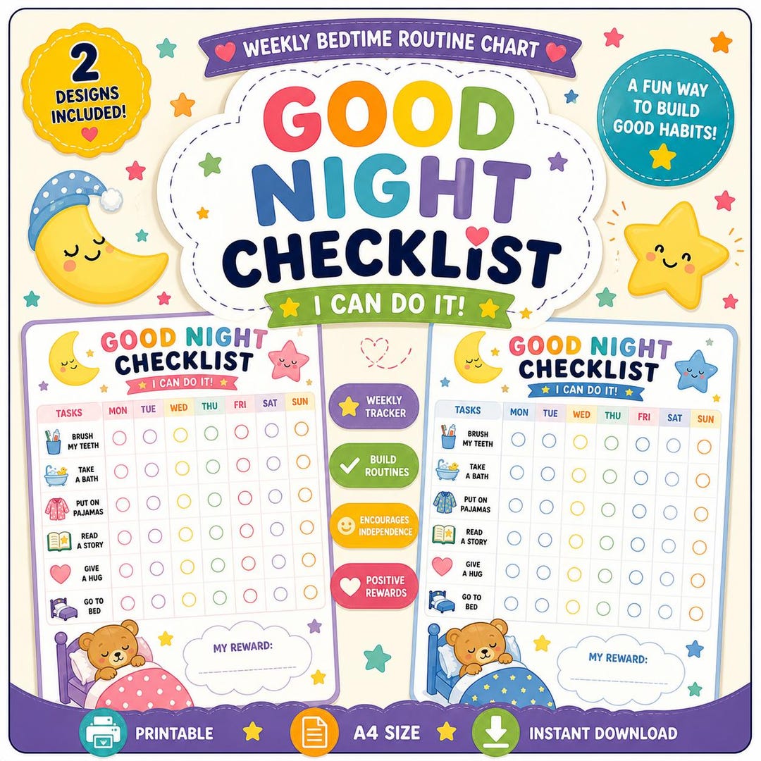 Bedtime Checklist for Kids Printable | Weekly Routine Chart | No ...