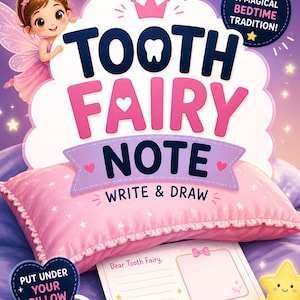 Puede incluir: Una almohada rosa con una Nota del Hada de los Dientes, con un hada de dibujos animados y el texto "Tooth Fairy Note: Write & Draw". Incluye una tarjeta y un juguete en forma de estrella. También se ve el texto "Put Under Your Pillow Tonight!"