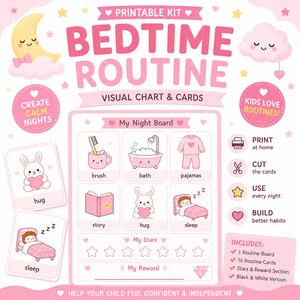 以下が含まれることがあります： ピンクと白の印刷可能な就寝ルーティンキット。 キットには、ルーティンボード、カード、報酬セクションが含まれています。 デザインは、月、雲、歯磨きや睡眠などのさまざまな就寝時のアクティビティのイラストを特徴としています。