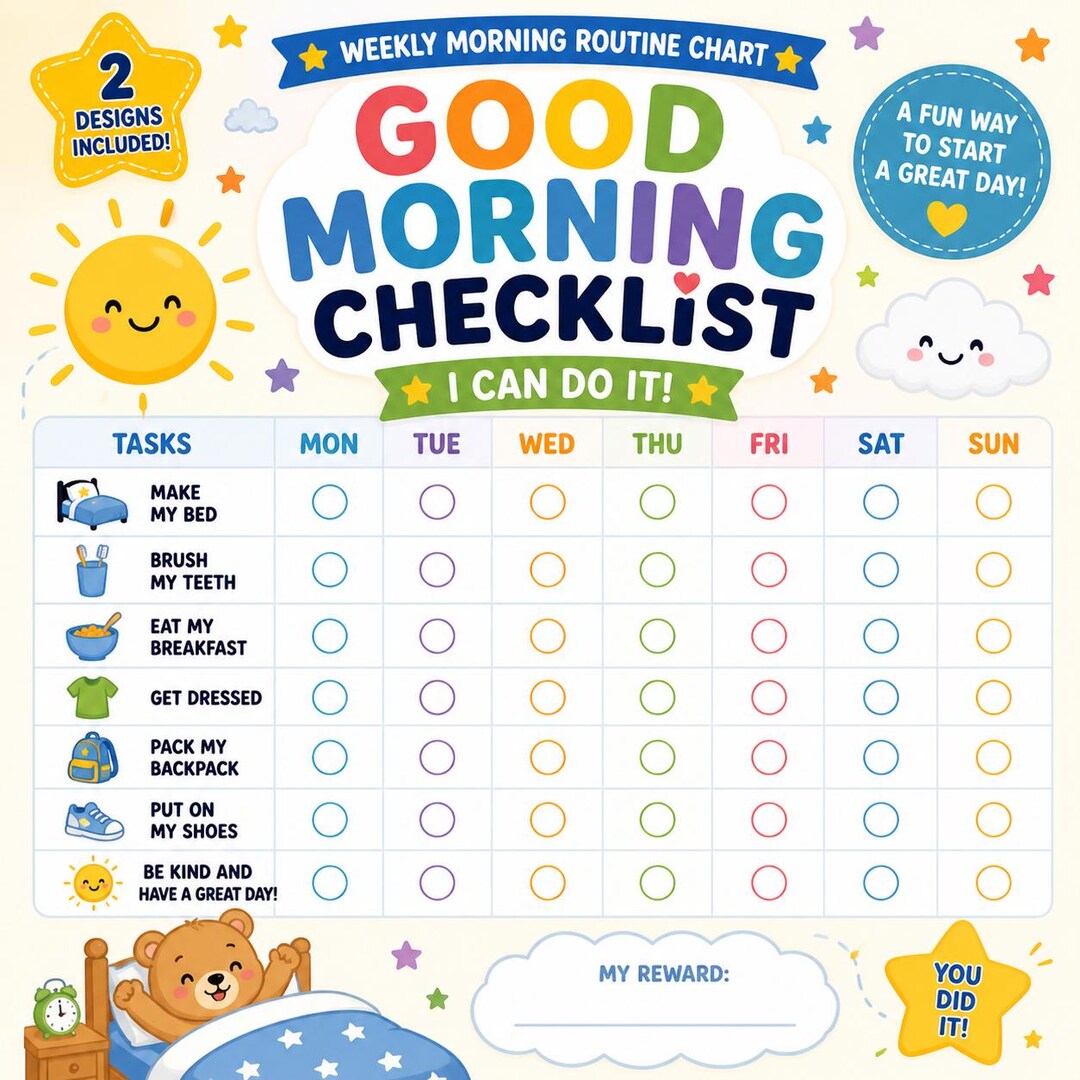 Morning Routine Checklist for Kids Printable | Weekly Chart | No ...