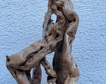 Puede incluir: Escultura de madera hecha a mano con ramas entrelazadas y texturizadas en tonos marrones y beige. La forma orgánica descansa sobre una base de madera, mostrando la veta natural y los nudos de la madera. Diseño abstracto único.