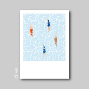 Postkarte "Die Schwimmerinnen" (DIN A6), Schwimmerinnen im Pool, Grußkarte, Einladungskarte, Retro, Freibad, ...