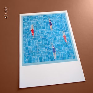 Bild "Pool" (DIN A4), Poster, Schwimmerinnen im Pool, Geschenk, Plakat, Weihnachten, Bad, Freibad, Wasser, Illustration, Badeanzug, Retro